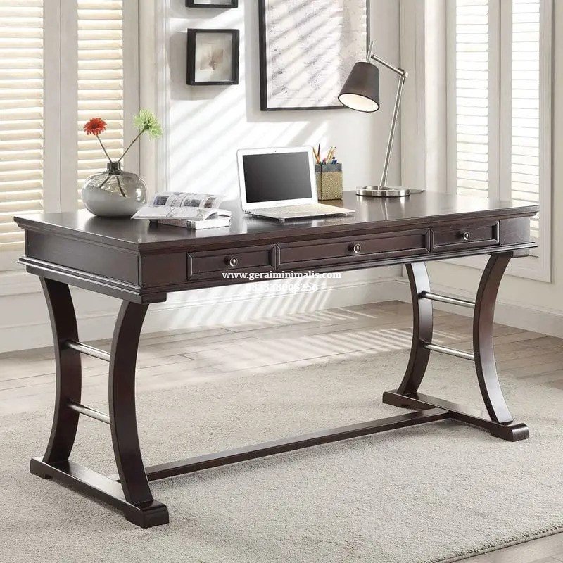Meja Kerja Kantor Kayu Jati Minimalis 3 Laci Unik untuk Home Office