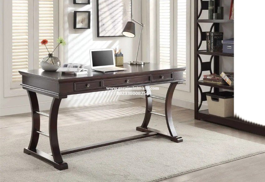 Meja Kerja Kantor Kayu Jati Minimalis 3 Laci Unik untuk Home Office (2)
