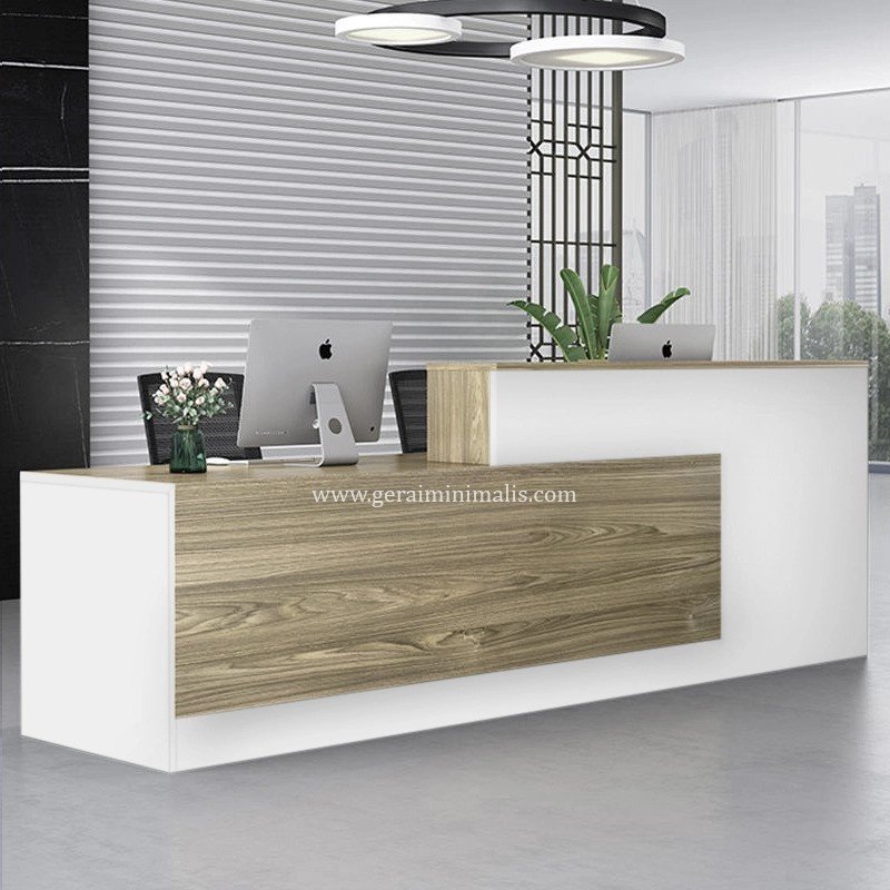 Meja Penerima Tamu Kantor Putih Minimalis dengan Aksen HPL Kayu (3) Meja Penerima Tamu Kantor Putih Minimalis dengan Aksen HPL Kayu