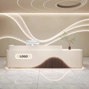 Meja Resepsionis Hotel Modern Putih Desain Gelombang LED