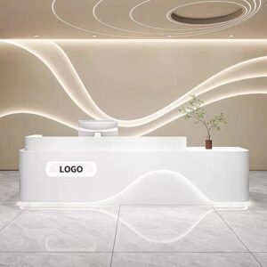 Meja Resepsionis Hotel Modern Putih Desain Gelombang LED