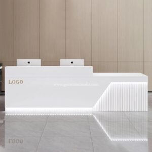 Meja Resepsionis Hotel Modern Putih Motif Marmer dengan LED