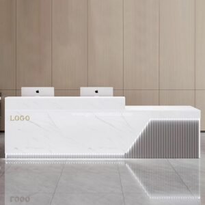 Meja Resepsionis Hotel Modern Putih Motif Marmer dengan LED