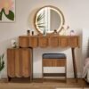 Meja Rias Jati Modern Natural dengan Cermin Bulat dan Kabinet