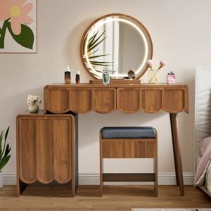 Meja Rias Jati Modern Natural dengan Cermin Bulat dan Kabinet