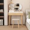 Meja Rias Minimalis Japandi Natural dengan Cermin Bulat LED