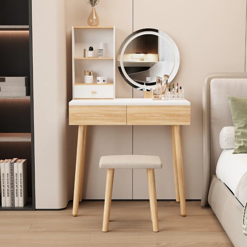 Meja Rias Minimalis Japandi Natural dengan Cermin Bulat LED