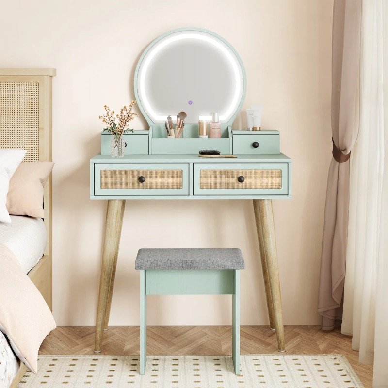 Meja Rias Minimalis Scandinavian Mint dengan Rotan dan Cermin LED