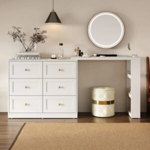 Meja Rias Modern Putih Multifungsi 6 Laci dengan Cermin LED