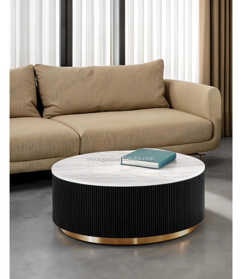 Meja Tamu Bulat Marmer Putih Hitam Gold Mewah Modern