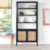 Rak Buku Japandi Hitam dengan Kabinet Pintu Rotan Natural