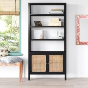Rak Buku Japandi Hitam dengan Kabinet Pintu Rotan Natural