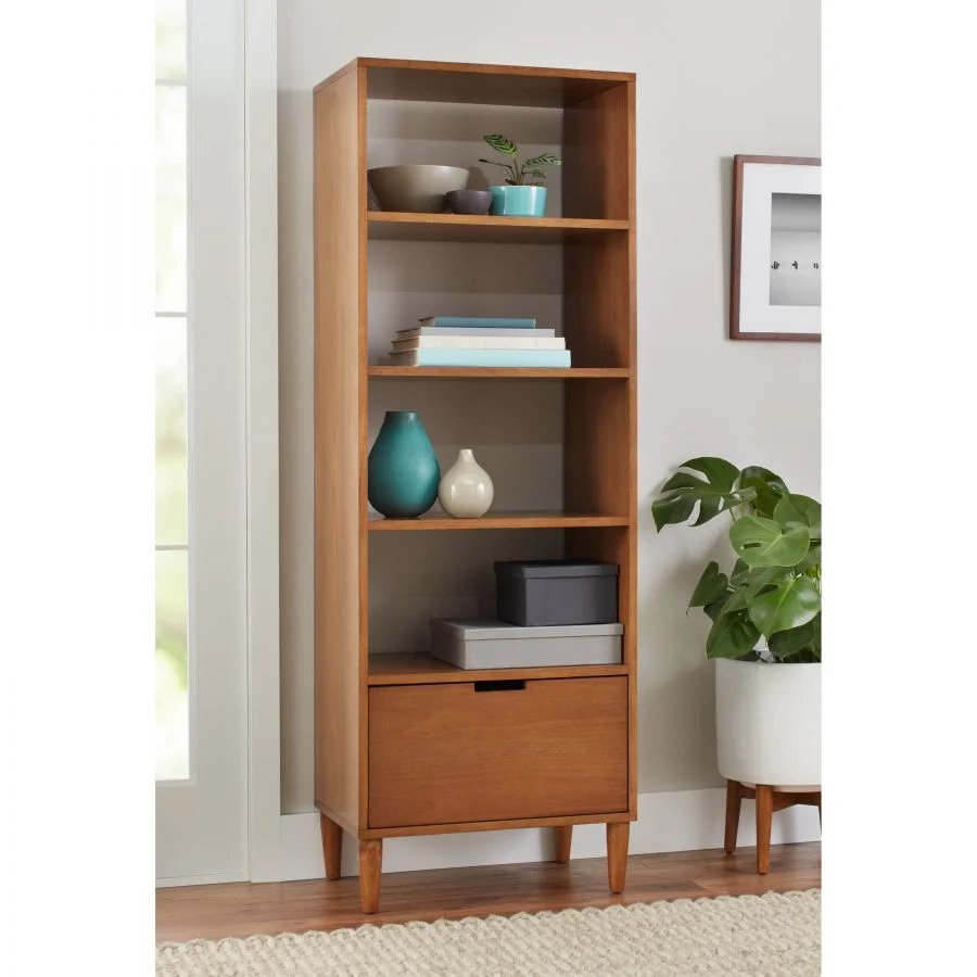 Rak Buku Kayu Minimalis Natural dengan Kabinet Penyimpanan