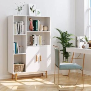 Rak Buku Minimalis Modern Putih dengan Kabinet 2 Pintu