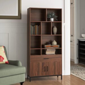 Rak Buku Modern Kayu Minimalis dengan Kabinet dan Laci