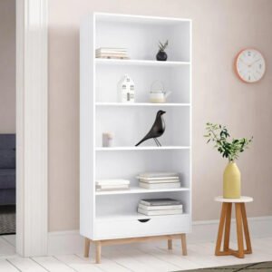 Rak Buku Scandinavian Putih Minimalis dengan Laci Bawah