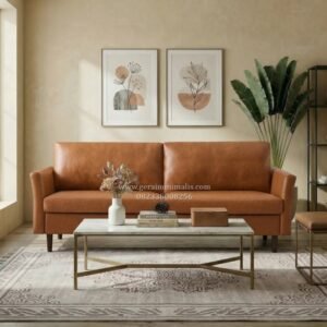 Sofa 2 Seater Kulit Coklat Minimalis Modern Kaki Kayu