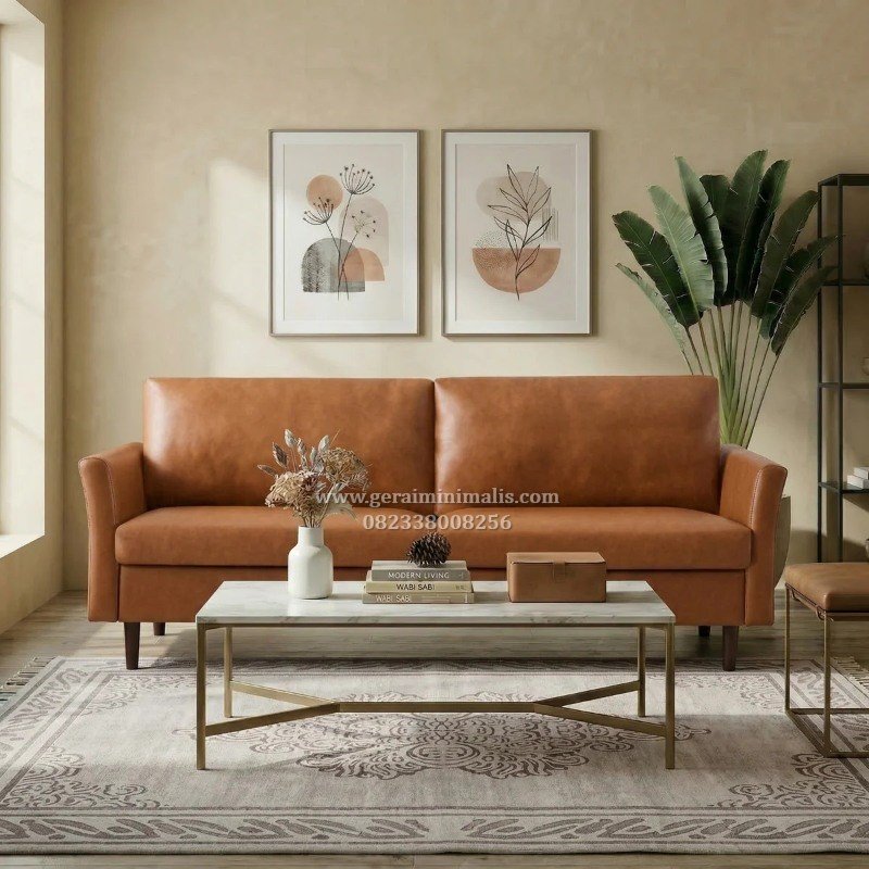Sofa 2 Seater Kulit Coklat Minimalis Modern Kaki Kayu