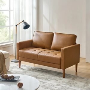 Sofa 2 Seater Kulit Coklat Minimalis Modern Kayu Jati