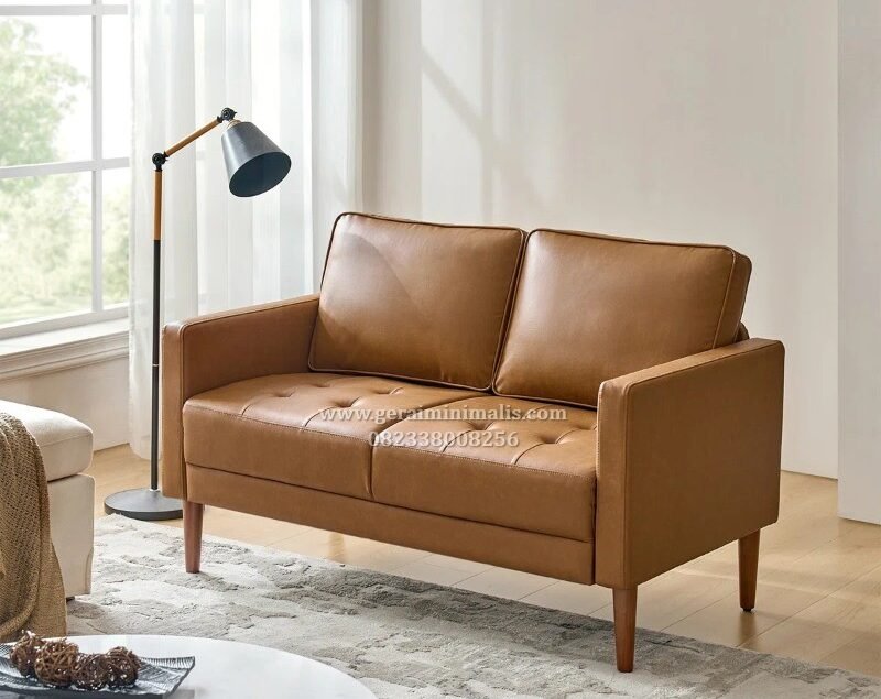 Sofa 2 Seater Kulit Coklat Minimalis Modern Kayu Jati