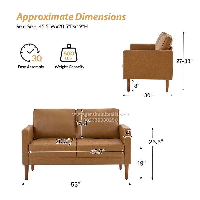 Sofa 2 Seater Kulit Coklat Minimalis Modern Kayu Jati (2)