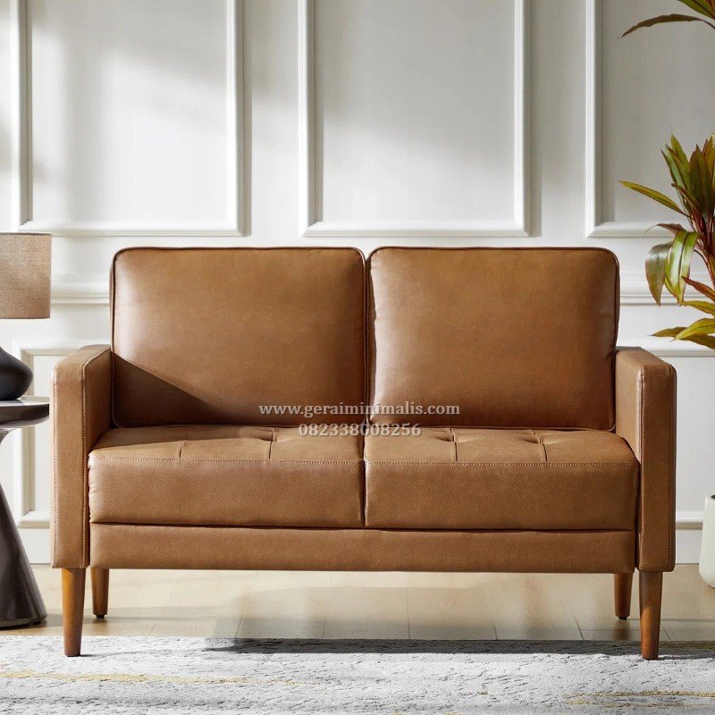 Sofa 2 Seater Kulit Coklat Minimalis Modern Kayu Jati (3)