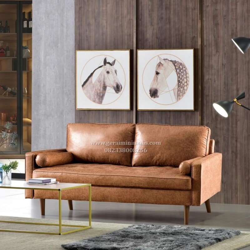 Sofa 2 Seater Kulit Coklat Vintage Mid Century Modern