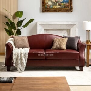 Sofa 2 Seater Kulit Maroon Mid Century Minimalis