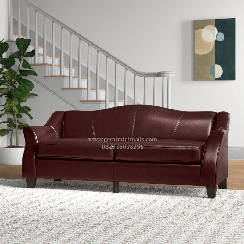 Sofa 2 Seater Kulit Maroon Mid Century Minimalis (2)
