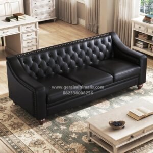 Sofa 3 Seater Kulit Hitam Chesterfield Klasik Premium