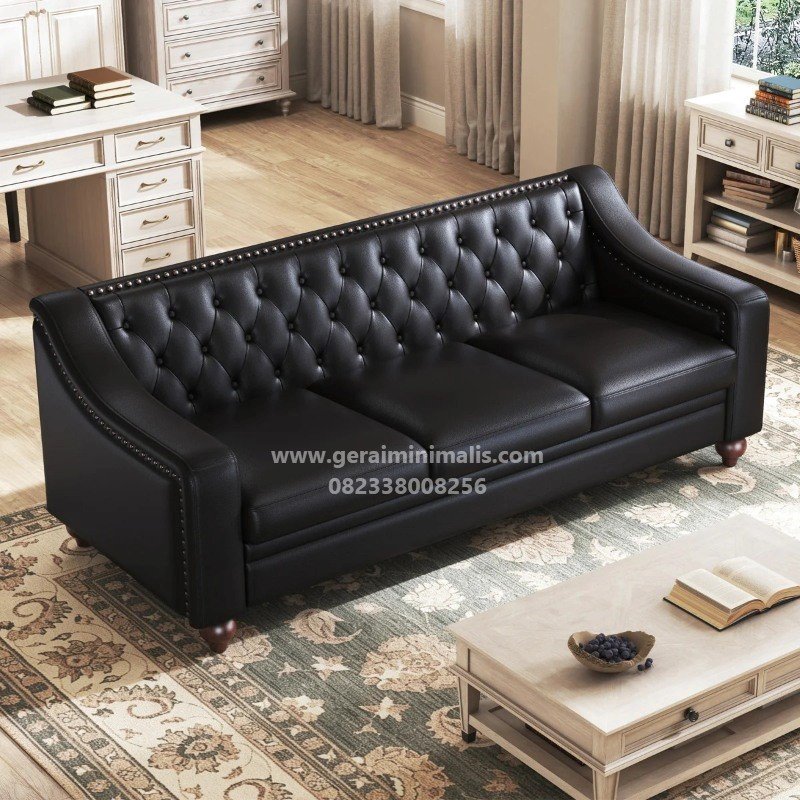 Sofa 3 Seater Kulit Hitam Chesterfield Klasik Premium
