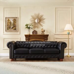 Sofa 3 Seater Kulit Hitam Chesterfield Mewah Klasik
