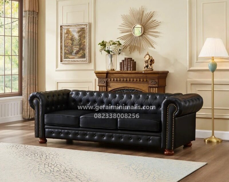 Sofa 3 Seater Kulit Hitam Chesterfield Mewah Klasik (3)