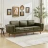 Sofa 3 Seater Kulit Mid Century Modern Kaki Kayu