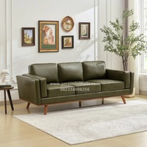 Sofa 3 Seater Kulit Mid Century Modern Kaki Kayu