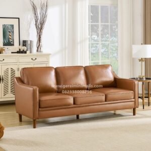 Sofa 3 Seater Kulit Minimalis Modern Kaki Kayu