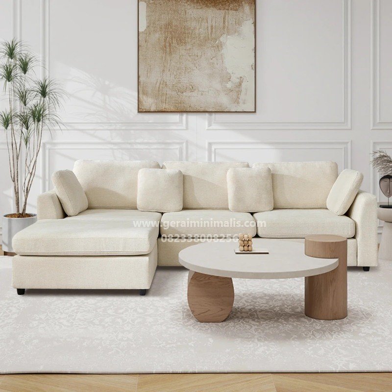 Sofa L Minimalis Cream Modern dengan Chaise Seri Vienna (2)