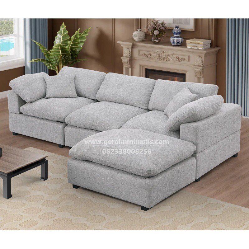 Sofa L Modular Abu Minimalis dengan Ottoman Seri Bergen