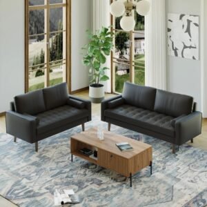Sofa Ruang Tamu Kecil Kulit Cokelat Modern 32 Dudukan