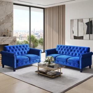 Sofa Ruang Tamu Velvet Biru 32 Dudukan Model Chesterfield