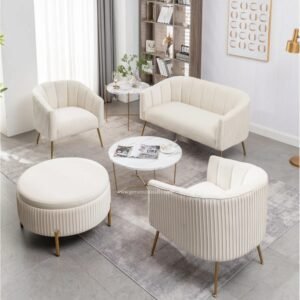 Sofa Ruang Tamu Velvet Krem Modern Set 4 Piece dengan Kursi dan Ottoman