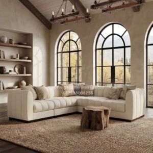 Sofa Sudut Mewah Cream Modern Channel Tufted Seri Monaco