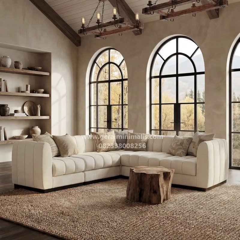 Sofa Sudut Mewah Cream Modern Channel Tufted Seri Monaco