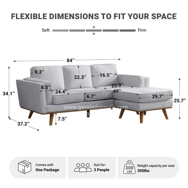 Sofa Sudut Minimalis Abu Scandinavian dengan Chaise Seri Oslo (3)