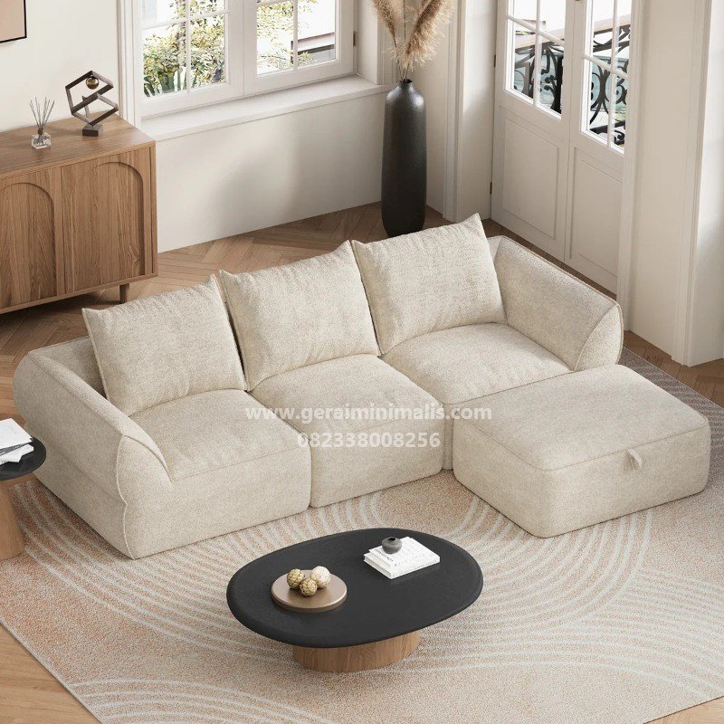 Sofa Sudut Minimalis Cream Modular dengan Ottoman Livia