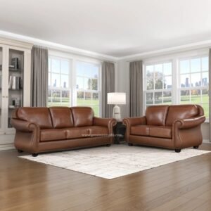 Sofa Tamu Kulit Asli Cokelat Klasik Elegan Formasi 32 Dudukan