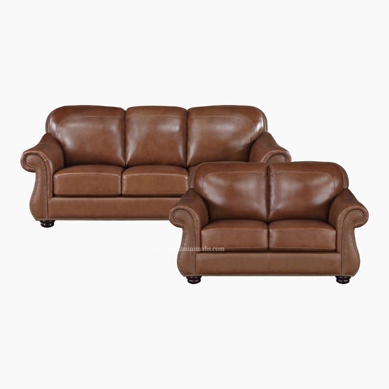 Sofa Tamu Kulit Asli Cokelat Klasik Elegan Formasi 32 Dudukan (2)