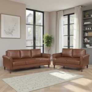 Sofa Tamu Kulit Sintetis Cokelat Klasik Model Rolled Arm 32 Dudukan