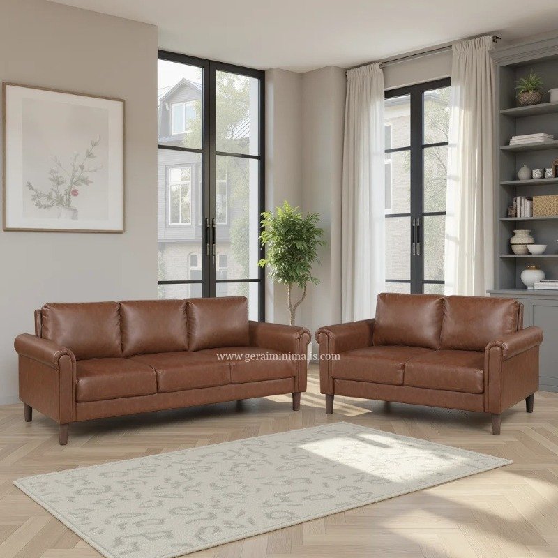 Sofa Tamu Kulit Sintetis Cokelat Klasik Model Rolled Arm 32 Dudukan