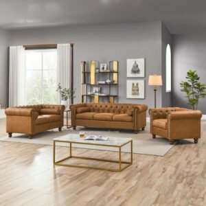 Sofa Tamu Kulit Sintetis Cokelat Model Chesterfield Formasi 321 Dudukan